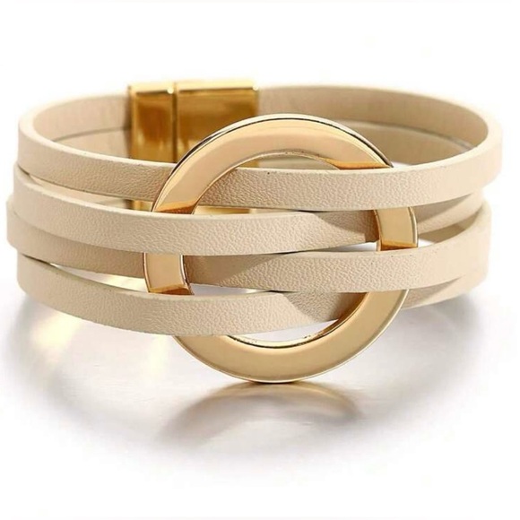 Jewelry - Buckle Leather Bracelet, Magnet Clasp, Cream Color